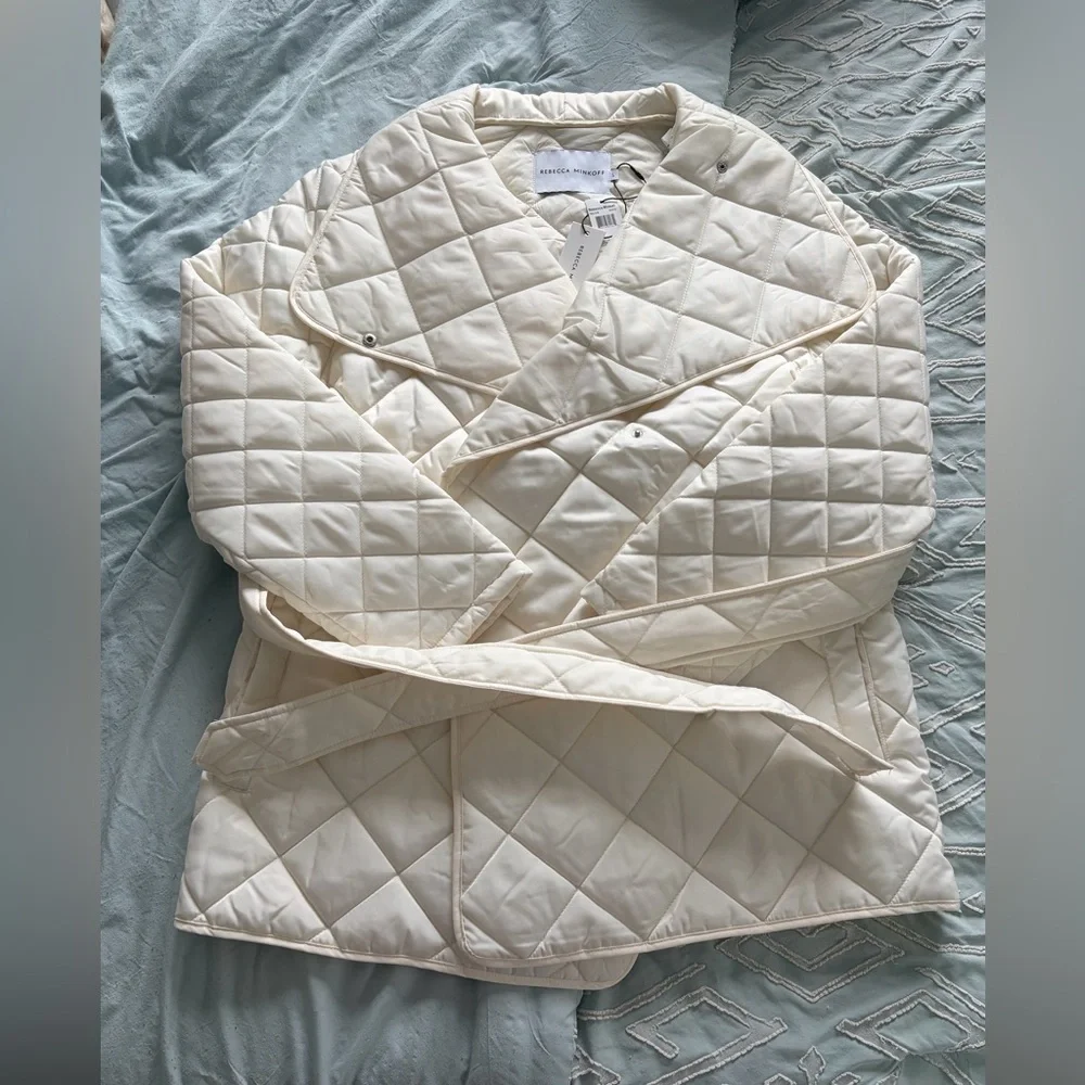 Rebecca Minkoff Cream Quilted Light Weight Puffer Jacket Tie Waist Size L NWT - Picture 6 of 9